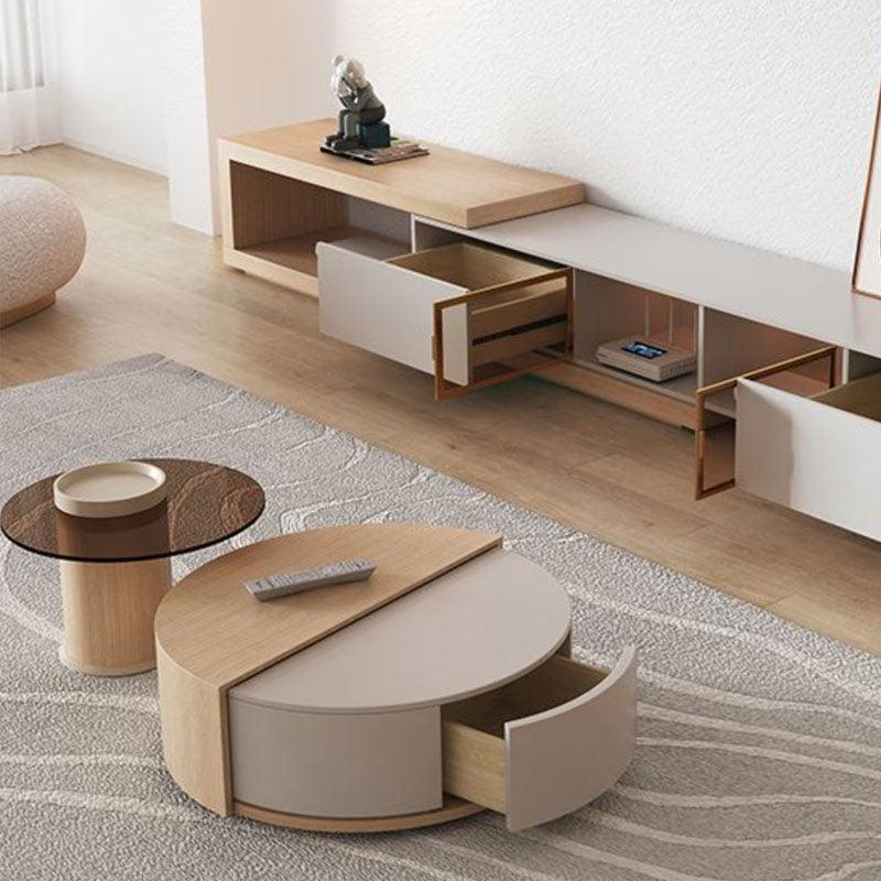 Oval Nesting Revolving Coffee Table With Extendable TV Stand