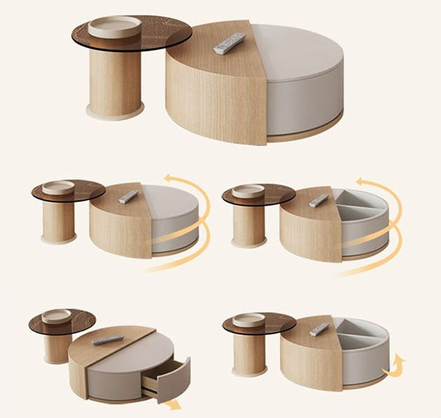 Oval Nesting Revolving Coffee Table With Extendable TV Stand