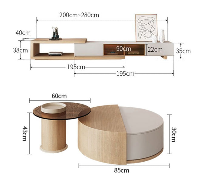 Oval Nesting Revolving Coffee Table With Extendable TV Stand