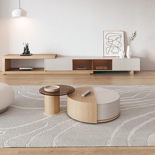 Oval Nesting Revolving Coffee Table With Extendable TV Stand
